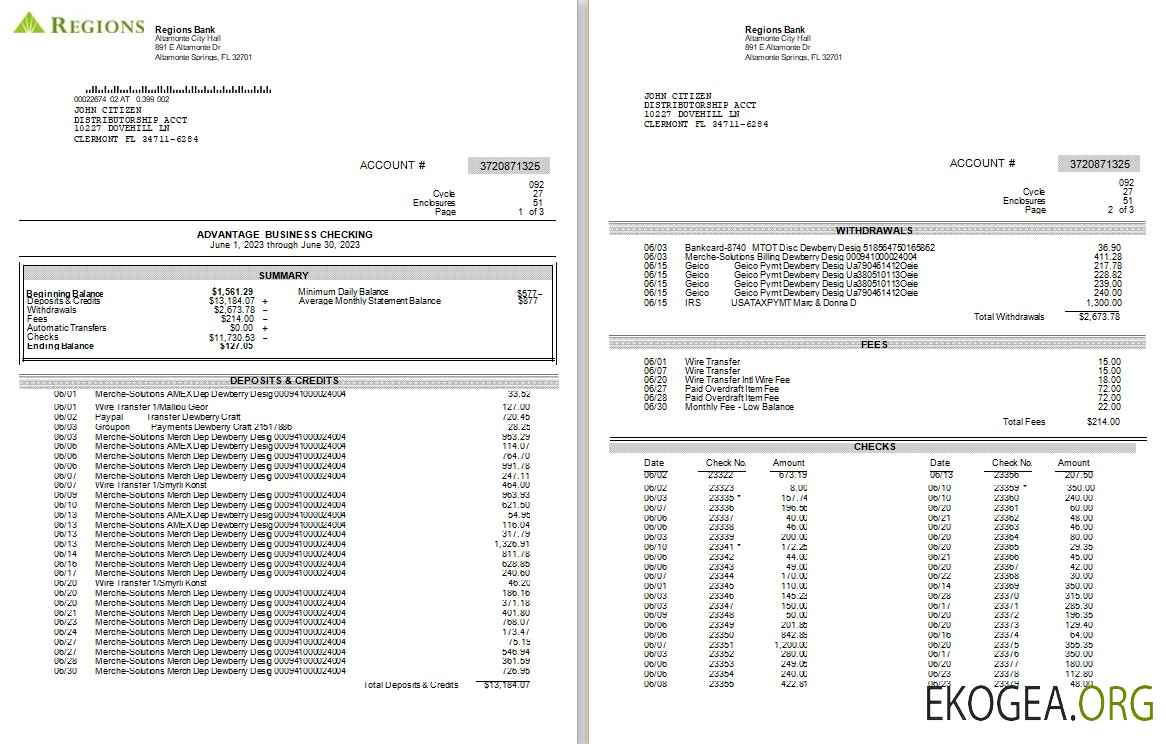 Modèle Word et PDF de relevé bancaire des régions des États Unis, 3 pages, version 2